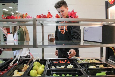 Picking out his lunch for the day, junior Glen Zonca adds carrots from the fruit and vegetable cart to his tray. Zonca doesn’t follow the vegan or vegetarian lifestyle, and he doesn’t have a food allergy, but he thinks that the school doesn’t provide healthy options that appeal to children with and without dietary restrictions. 
