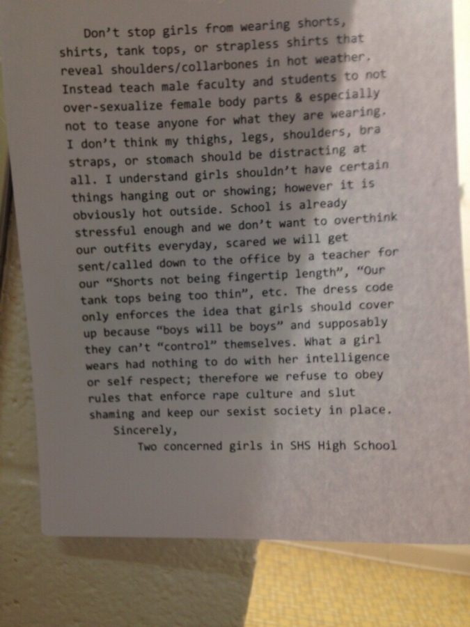 One of the notes taped in girls locker room. Several were up in restrooms in the school on April 22. 