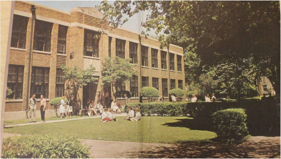 The Wood Street side of the old high school, picture taken in the spring of 1962. 

