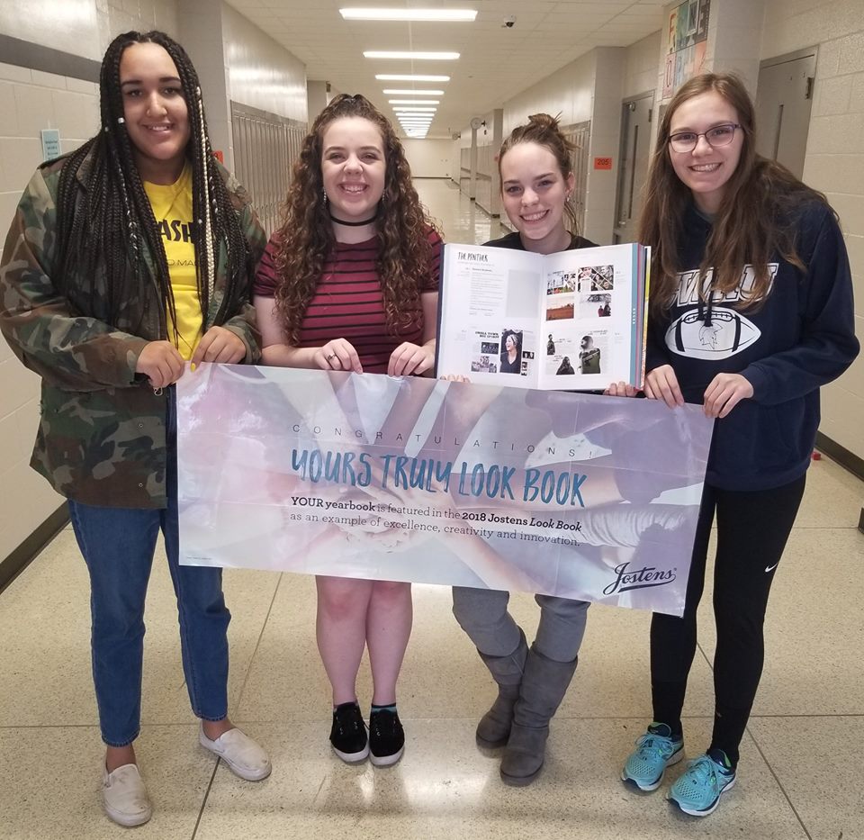 Senior editors Arianna Gomez, Zabrina Yannella, Camille Ford and Madie Gee-Montgomery share their joy the first-time coverage in the national publication student journalists around the country use for graphic design inspiration. The Translucent themed yearbook won a national competition to be featured in the front section of the book for theme development.