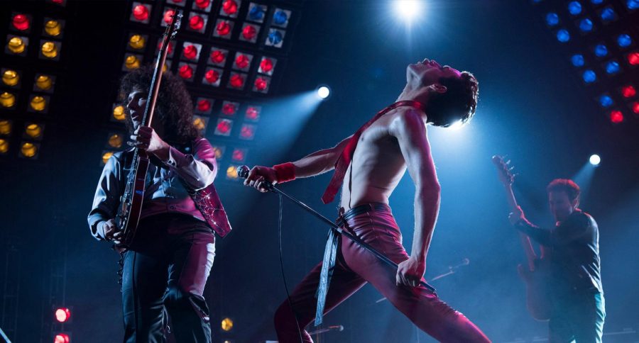 Rocking out the stage, Rami Malek as Freddie Mercury embodies the lead of the group in Bohemian Rhapsody.