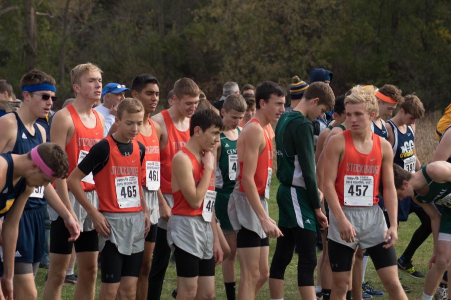 All-State. That’s the one thought that was running through junior Micah Beauregard’s mind, as he stands on the start line of the MHSAA States race for LP Division 3. Beauregard waits at the ready on the far right of sophomore Brock Jones, freshman Dalton Satkowiak, senior Kael Youngblood, junior Jeffery Debozy, sophomore Andy Schlaff and senior ron Tolson.
