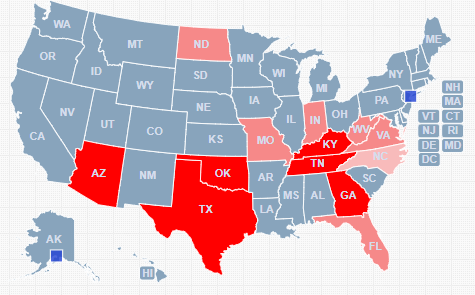 Dark Red states symbolize the states that have Bible Literacy classes.
The lighter red states symbolizes the states that are trying to get Bible Literacy classes.
The lightest red state symbolizes the state that offers school credit for taking off campus classes.