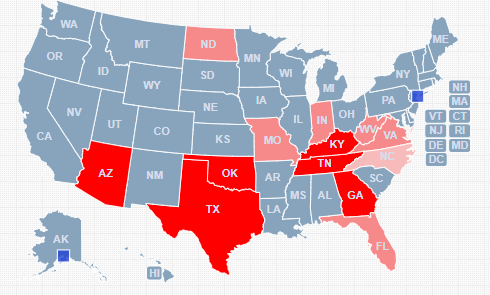 Dark Red states symbolize the states that have Bible Literacy classes.
The lighter red states symbolizes the states that are trying to get Bible Literacy classes. 
The lightest red state symbolizes the state that offers school credit for taking off campus classes. 
