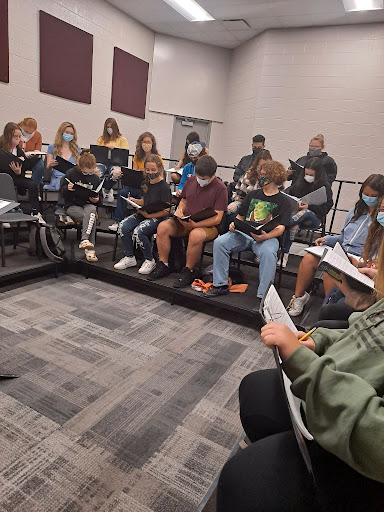 With sheet music in hand, and melodies on their mind, the choir begins its rehearsal for the day. They prepare to sing difficult material, the group adjusts to the new choir program.