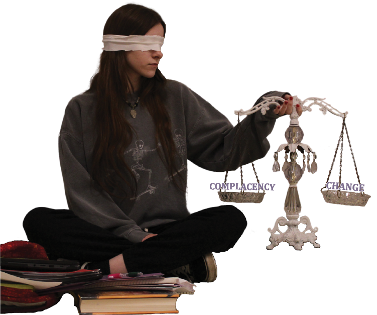 Based on Lady Justice who honors unbiased equity. This photo symbolizes how some students feel as if they are ignored instead of being listened to.