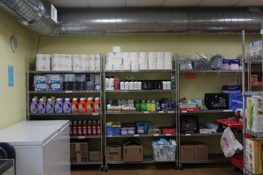 Multiple shelves at Outreach are meant for hygiene and personal care items.