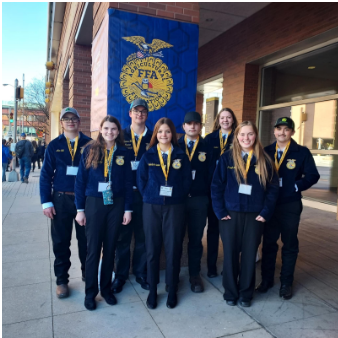 Members of the Future Farmers of America stand outside of a convention in Indianapolis.