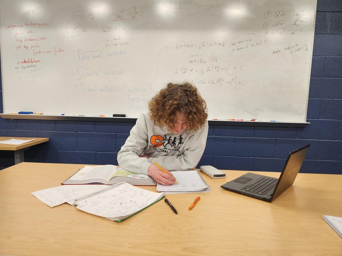 Senior Brady Cole studies for his upcoming calculus test by memorizing the formulas to antiderivatives and integrals. Cole is also enrolled in AP Literature, AP Computer Science and AP World History.
