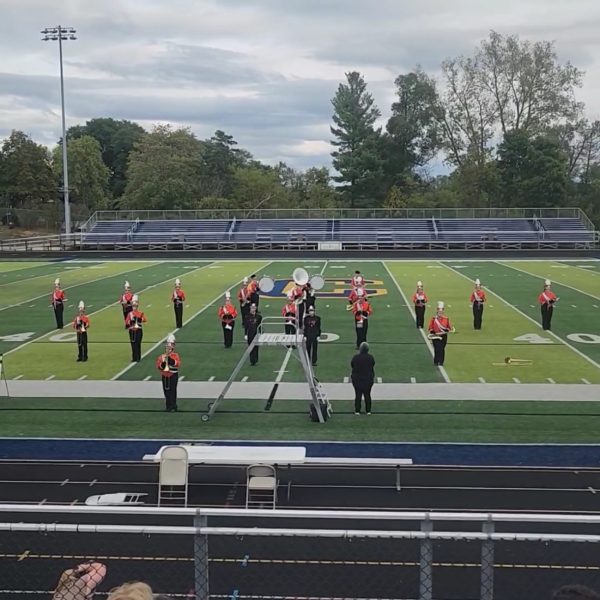 The Stockbridge marching band performs their halftime routine at the Chelsea Marching Band Expedition.